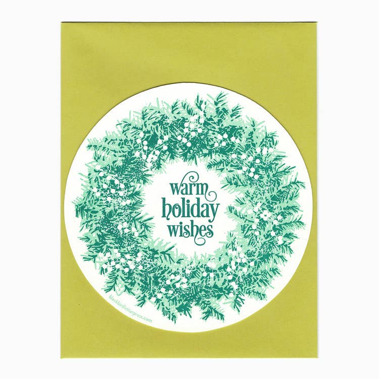 Warm holiday wishes wreath circle card