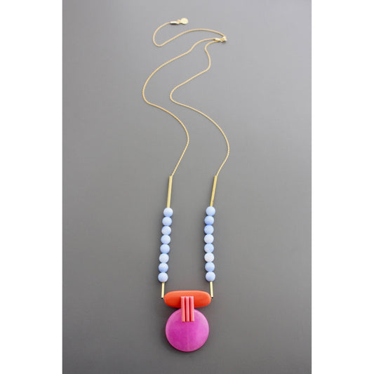 EMI130 Geometric hot pink and orange pendant necklace