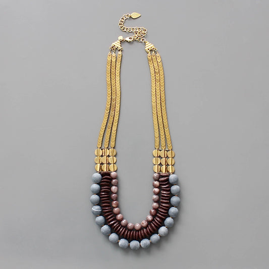 CHR224 Triple strand stone and african glass necklace