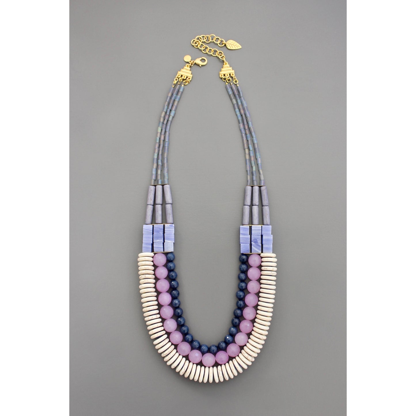 EMI222 Triple strand navy, lavender, and white necklace