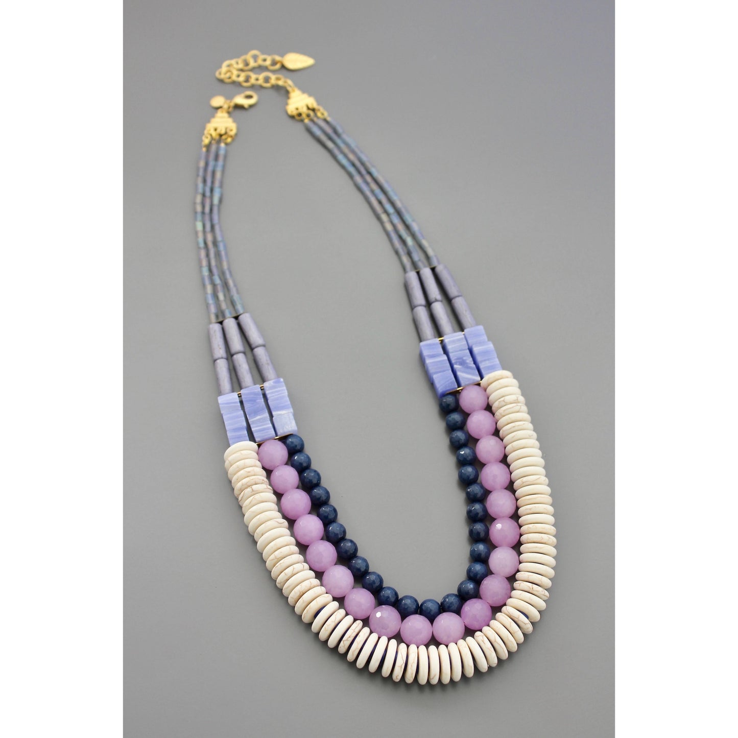 EMI222 Triple strand navy, lavender, and white necklace