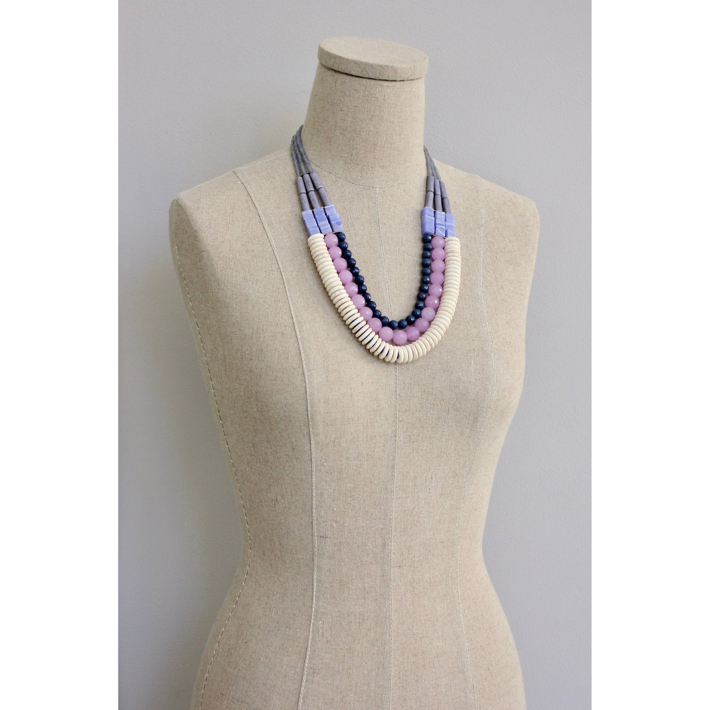 EMI222 Triple strand navy, lavender, and white necklace