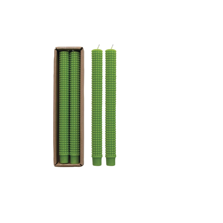 10"H Unscented Hobnail Taper Candles in Box, Green, Set of 2