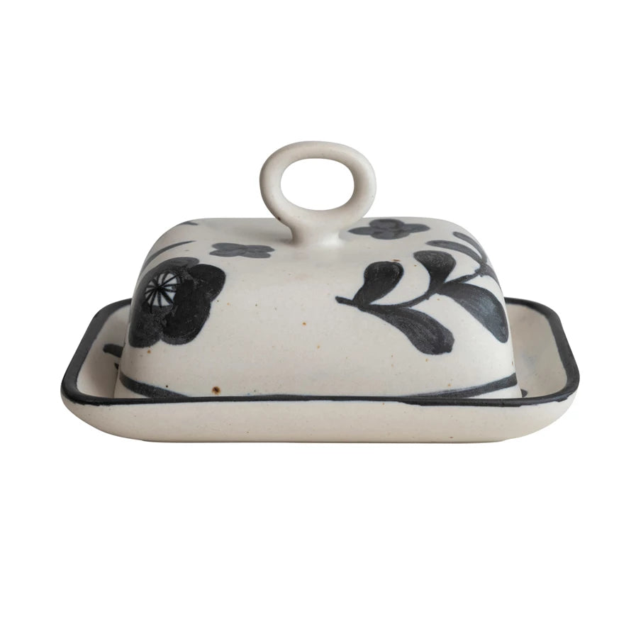 Hand-Painted Stoneware Butter Dish w/ Floral Design, Matte Black & Cream Color Speckled