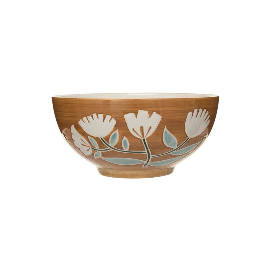 Hand-Painted Stoneware Bowl w/ Wax Relief Flowers