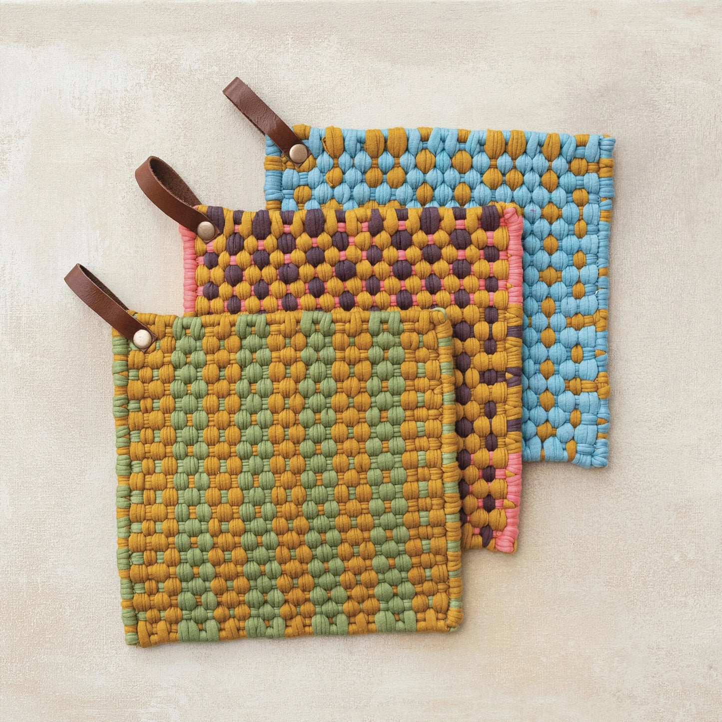 Cotton Crocheted Pot Holder w/ Leather Loop, 3 Styles