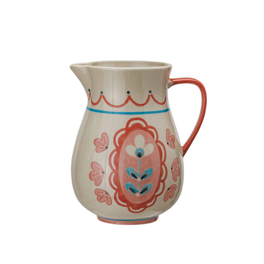 3 Quart Hand-Painted Stoneware Pitcher w/ Flowers