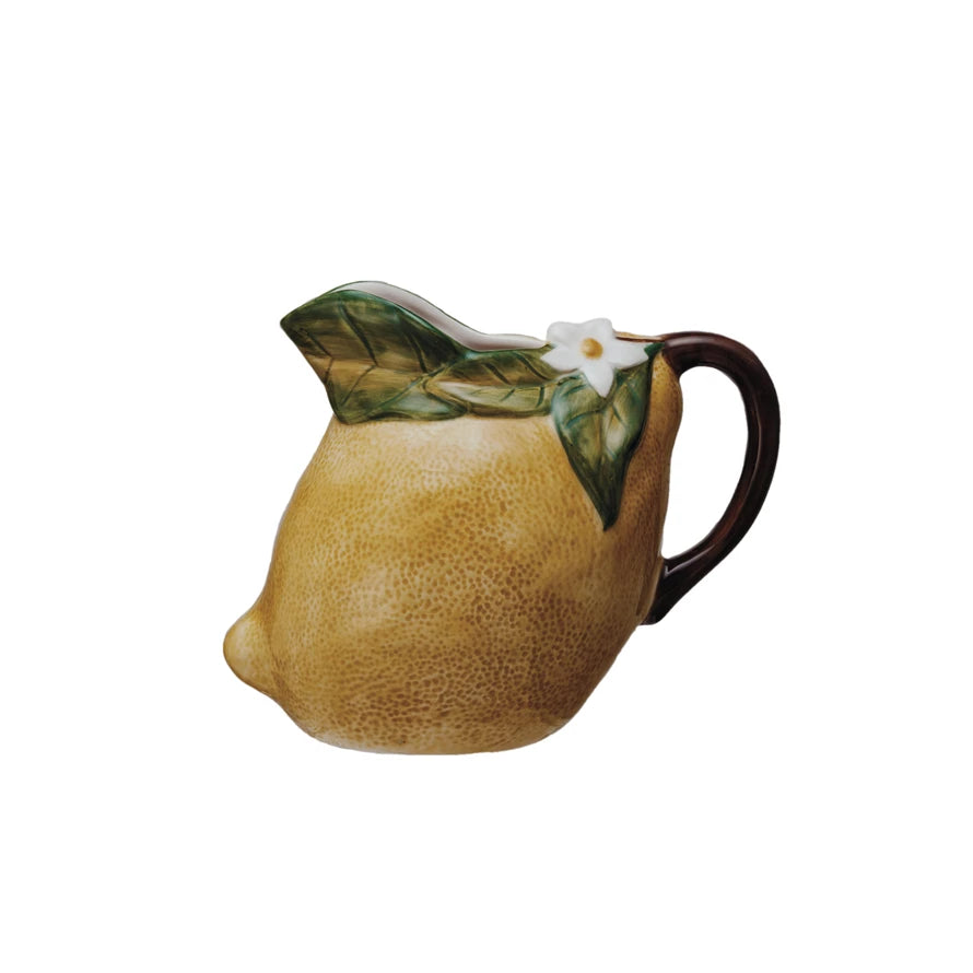 40 oz. Hand-Painted Stoneware Lemon Shaped Pitcher w/ Flower